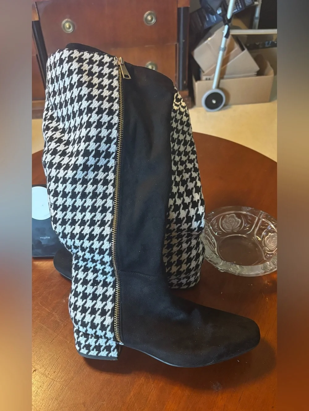 Black Over-the-Knee Boots with Houndstooth Side Panel